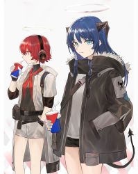 Rule 34 | 2girls, arknights, belt, belt pouch, black jacket, black shirt, black shorts, blue eyes, blue hair, breasts, closed mouth, cowboy shot, demon tail, drink, drinking, drinking straw, exusiai (arknights), exusiai (city rider) (arknights), eyes visible through hair, fur-trimmed jacket, fur trim, gloves, grey background, halo, hand in pocket, headphones, highres, hood, hooded jacket, jacket, koio, long hair, looking at viewer, mostima (arknights), multiple girls, official alternate costume, pouch, profile, red eyes, red hair, red scarf, scarf, shirt, short hair, short shorts, shorts, simple background, small breasts, smile, straight hair, strap, striped clothes, striped scarf, tail, thighs, turtleneck, white gloves, white jacket, white shirt, white shorts