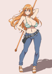 Rule 34 | 1girl, belt, bikini, bikini top only, breasts, clima-tact, grey background, highres, kojirou!, large breasts, log pose, long hair, looking at viewer, nami (one piece), one piece, orange hair, pants, sandals, standing, swimsuit