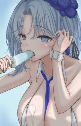 Rule 34 | 1girl, absurdres, alsace (azur lane), alsace (heat beating summer sacrament) (azur lane), azur lane, bare shoulders, between breasts, bikini, black hairband, black ribbon, blue eyes, blue hair, blue nails, blue necktie, braid, breasts, cleavage, collarbone, commentary request, cotatubo, detached collar, dripping, flower, food, food in mouth, food on body, food on breasts, french braid, hair between eyes, hair flower, hair ornament, hair ribbon, hairband, hand up, highres, holding, holding food, holding popsicle, large breasts, long hair, melting, necktie, necktie between breasts, official alternate costume, open mouth, parted bangs, popsicle, popsicle in mouth, ribbon, saliva, scrunchie, sidelocks, solo, swimsuit, tongue, tongue out, upper body, very long hair, white bikini, wrist scrunchie