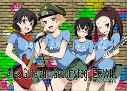 Rule 34 | 10s, 4girls, abenattou, alternate hairstyle, black eyes, black hair, blonde hair, blue shirt, bow, brick wall, brown eyes, brown hair, caesar (girls und panzer), closed mouth, clothes writing, cowboy shot, dated, electric guitar, erwin (girls und panzer), german text, girls und panzer, glasses, goggles, goggles on headwear, graffiti, green hat, green skirt, guitar, hair bow, hat, holding, holding instrument, instrument, long hair, looking at viewer, messy hair, microphone stand, military hat, miniskirt, multiple girls, one eye closed, open mouth, oryou (girls und panzer), peaked cap, pleated skirt, pointy hair, print shirt, red-framed eyewear, red bow, red scarf, romaji text, saemonza (girls und panzer), scarf, semi-rimless eyewear, shirt, short hair, short ponytail, short sleeves, skirt, smile, standing, t-shirt, translated, under-rim eyewear