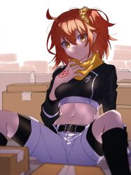 Rule 34 | 1girl, ahoge, arm support, bike shorts, black footwear, black shorts, blurry, blurry background, boots, closed mouth, crop top, fate/grand order, fate (series), fujimaru ritsuka (female), fujimaru ritsuka (female) (true ether chaldea uniform), hair between eyes, hair ornament, hair scrunchie, highres, knee boots, leaning back, light particles, long sleeves, midriff, navel, official alternate costume, one side up, orange hair, scrunchie, short hair, short shorts, shorts, shorts under shorts, sitting, solo, stomach, uni (nico02), white background, white shorts, yellow eyes, yellow scrunchie