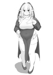 Rule 34 | 1girl, absurdres, blush, breasts, collared shirt, covered navel, full body, greyscale, hair behind ear, hand on own chest, highres, long pointy ears, looking down, medium breasts, monochrome, nimo (b45ui), original, plump, pointy ears, shadow, shirt, skindentation, solo, thighhighs, veil, white background