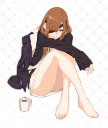Rule 34 | 1girl, barefoot, bottomless, brown hair, commentary request, cup, eyepatch, fate/grand order, fate (series), feet, green eyes, hair over one eye, highres, jacket, jacket on shoulders, long hair, long sleeves, looking at viewer, ophelia phamrsolone, sami (object dump), solo