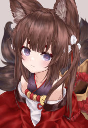 Rule 34 | 1girl, 7gao, amagi-chan (azur lane), animal ears, azur lane, brown hair, brown tail, fox ears, fox girl, fox tail, grey background, highres, hokkaidonder, japanese clothes, kimono, kitsune, kyuubi, long hair, looking at viewer, multiple tails, off shoulder, purple eyes, rope, shimenawa, sidelocks, sitting, solo, tail, thick eyebrows, twintails, wide sleeves
