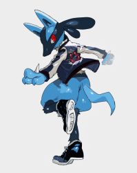 Rule 34 | animal ears, black footwear, blue jacket, bottomless, claws, closed mouth, clothed pokemon, creatures (company), from behind, frown, full body, furry, game freak, gen 4 pokemon, grey background, jacket, leg up, looking back, lucario, newo (shinra-p), nintendo, open clothes, open jacket, outstretched arms, pokemon, pokemon (creature), red eyes, shiny skin, shoes, simple background, solo, standing, standing on one leg, tail, wolf ears, zipper