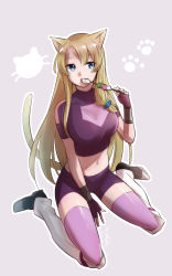 1girl animal_ears between_legs bike_shorts blonde_hair blue_eyes cat_ears cat_girl cat_tail crop_top dango densetsu_no_yuusha_no_densetsu ferris_eris fingerless_gloves food full_body gloves grey_background hair_between_eyes hand_between_legs highres holding holding_food kemonomimi_mode long_hair midriff navel open_mouth purple_gloves purple_shorts purple_thighhighs shiny_clothes shiny_legwear short_shorts shorts sitting solo stomach tail thighhighs very_long_hair wagashi wariza zaramekypp zettai_ryouiki