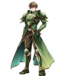 Rule 34 | 1boy, arm guards, armor, armored boots, boots, brown eyes, brown hair, fingerless gloves, fire emblem, fire emblem: mystery of the emblem, fire emblem heroes, full body, gloves, green armor, hand on own hip, highres, holding, looking at viewer, male focus, nintendo, pauldrons, polearm, roderick (fire emblem), scar, short hair, shoulder armor, smile, solo, spear, torn clothes, transparent background, weapon