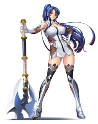 Rule 34 | 1girl, absurdres, axe, bare shoulders, battle axe, blue hair, boots, breasts, cleavage, closed mouth, commentary request, curvy, dress, elbow gloves, female focus, full body, gloves, hand on own hip, highres, holding, holding weapon, huge weapon, kagami hirotaka, large breasts, lilith-soft, long hair, looking at viewer, official art, panties, ponytail, red eyes, serious, shiny skin, short dress, sidelocks, simple background, solo, standing, taimanin (series), taimanin asagi, taimanin asagi kessen arena, taimanin rpgx, thighhighs, underwear, very long hair, weapon, white background, yatsu murasaki