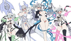 Rule 34 | 4girls, adapted costume, apron, arianna the labrynth servant, arianne the labrynth servant, arias the labrynth butler, armpits, bag, blue eyes, blush, bottomless, breasts, butler, cleavage, cup, demon girl, demon horns, demon tail, demon wings, duel monster, garter straps, gloves, green eyes, grey hair, halberd, highres, holding, holding bag, holding tray, horns, huge breasts, large breasts, long hair, lovely labrynth of the silver castle, maid, maid headdress, medium breasts, medium hair, multiple girls, navel, nipples, nude, one eye closed, pink eyes, pointy ears, polearm, pussy, revealing clothes, see-through, simple background, smile, tail, teacup, thighhighs, tray, uncensored, weapon, white background, wings, yu-gi-oh!, yutou yutou yu