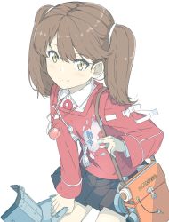 Rule 34 | 1girl, bag, black skirt, brown hair, commentary request, fire, fire, handbag, hat, unworn hat, unworn headwear, jewelry, kantai collection, long hair, looking at viewer, magatama, necklace, ninimo nimo, pleated skirt, ryuujou (kancolle), scroll, skirt, solo, twintails, white background