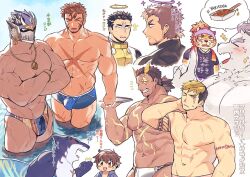 Rule 34 | 6+boys, abs, arm tattoo, bara, black bodysuit, black hair, black shirt, blonde hair, blue male swimwear, blush, body markings, bodysuit, brown hair, character request, closed eyes, crossed arms, facial hair, facial mark, fire, flaming halo, furry, furry male, halo, helmet, heracles (housamo), hozu (hozumi), jewelry, large pectorals, looking at another, male focus, male swimwear, multiple boys, muscular, muscular male, navel, necklace, nipples, open mouth, pectorals, protagonist 4 (housamo), scar, scar across eye, scar on arm, scar on chest, scar on face, shirt, shiva (housamo), short hair, smile, stubble, tattoo, teeth, thick thighs, thighs, tokyo houkago summoners, towel, towel around neck, translation request, white male swimwear, zabaniyya (housamo)