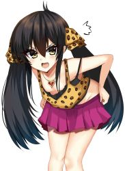Rule 34 | 1girl, :d, animal print, bad id, bad pixiv id, bare shoulders, black hair, blush, breasts, brown camisole, brown eyes, camisole, clothes pull, collarbone, downblouse, groin, hair between eyes, hair ribbon, heart, heart necklace, highres, idolmaster, idolmaster cinderella girls, jewelry, leaning forward, leopard print, long hair, matoba risa, midriff peek, necklace, open mouth, pink skirt, pleated skirt, print camisole, print ribbon, pulled by self, ribbon, ricroot, simple background, skirt, skirt pull, small breasts, smile, solo, twintails, very long hair, white background