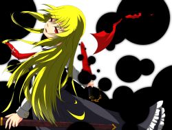 Rule 34 | 1girl, alternate hair length, alternate hairstyle, arm garter, blonde hair, chain, circle, cross, cuff links, darkness, dress shirt, ex-rumia, expressionless, eyelashes, female focus, frills, glowing, glowing weapon, highres, long hair, long sleeves, looking at viewer, looking back, necktie, open mouth, red eyes, red ribbon, ribbon, rumia, s-ghost, scabbard, sheath, shirt, simple background, skirt, skirt set, slit pupils, solo, sword, touhou, vest, weapon, white background, white shirt