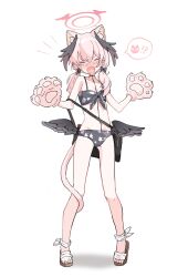 Rule 34 | !?, 1girl, animal ears, animal hands, ankle ribbon, bag, bikini, black bag, black bikini, black bow, black wings, blue archive, blush, bow, breasts, cat ears, cat girl, cat paws, cat tail, closed eyes, collarbone, duffel bag, fang, feathered wings, floral print, front-tie bikini top, front-tie top, hair between eyes, hair bow, halo, head wings, highres, kemonomimi mode, koharu (blue archive), koharu (swimsuit) (blue archive), leg ribbon, long hair, low twintails, low wings, navel, nose blush, official alternate costume, open mouth, pink eyes, pink hair, pink halo, print bikini, ribbon, sandals, sentouryoku 5, shoulder bag, skin fang, small breasts, solo, spaghetti strap, spoken animal, swimsuit, tail, toes, twintails, white background, white ribbon, wings