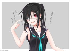 Rule 34 | 1girl, black hair, blush, eyepatch, highres, iumi urura, looking at viewer, original, parted lips, red eyes, short hair, short ponytail, side ponytail, smile, solo, translation request, twitter username, upper body