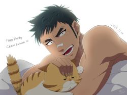 Rule 34 | 1boy, black eyes, black hair, cat, chanko (hinomaru zumou), character name, dated, happy birthday, highres, hinomaru zumou, inumaruku cafe, kunisaki chihiro, looking at viewer, lying, male focus, nose tape, on stomach, open mouth, sideburns, simple background, solo, thick eyebrows, under covers, white background