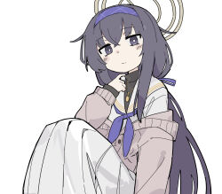 Rule 34 | 1girl, adjusting clothes, blue archive, blue hairband, blue neckerchief, blue ribbon, blush, clothes down, fusazakura, grey jacket, hair ribbon, hairband, highres, jacket, jewelry, long hair, looking at viewer, medallion, neckerchief, necklace, pleated skirt, purple eyes, purple hair, ribbon, sailor collar, simple background, sitting, skirt, solo, turtleneck, ui (blue archive), upper body, white background, white sailor collar, white skirt