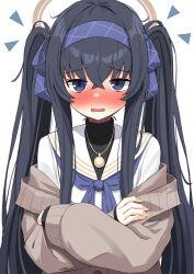 Rule 34 | 1girl, alternate hairstyle, amenocchi, black hair, blue archive, blue hairband, blue neckerchief, blue ribbon, blush, brown cardigan, cardigan, commentary request, crossed arms, crossed bangs, embarrassed, eyes visible through hair, full-face blush, hair between eyes, hair ribbon, hairband, halo, highres, long hair, looking at viewer, neckerchief, nose blush, notice lines, open mouth, ribbon, sailor collar, school uniform, serafuku, sidelocks, simple background, solo, straight-on, straight hair, tsurime, twintails, ui (blue archive), upper body, very long hair, wavy mouth, white background, white sailor collar, yellow halo