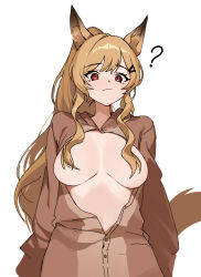 Rule 34 | 1girl, ?, animal ears, arknights, breasts, breasts out, brown hair, brown shirt, ceobe (arknights), closed mouth, commentary, convenient censoring, hair censor, hair over breasts, highres, jason kim, large breasts, long hair, long sleeves, looking at viewer, red eyes, shirt, simple background, solo, tail, white background