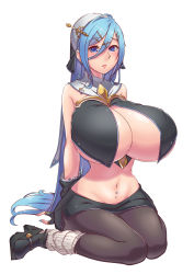 Rule 34 | 1girl, adapted uniform, arm warmers, arms behind back, black pantyhose, black skirt, blue eyes, blue hair, blue nails, bluespice, blush, breasts, capelet, cleavage, clothing cutout, cross, earrings, fingerless gloves, frilled sleeves, frills, full body, gloves, groin, habit, hair between eyes, hair ornament, hairclip, highres, huge breasts, jewelry, leg warmers, long hair, looking at viewer, mary janes, miniskirt, nail polish, narrow waist, navel, navel piercing, nun, original, pantyhose, pencil skirt, piercing, pink lips, shoes, simple background, sitting, skirt, solo, stud earrings, swept bangs, underboob, underboob cutout, wariza, white background, wide hips