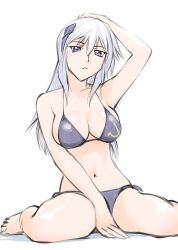 Rule 34 | 1girl, blue eyes, breasts, cleavage, cryska barchenowa, large breasts, long hair, looking at viewer, muv-luv, muv-luv alternative, muv-luv total eclipse, silver hair, simple background, solo, swimsuit, ueyama michirou, white background