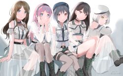 Rule 34 | 5girls, a shi kake, absurdres, animal ears, bang dream!, bang dream! it&#039;s mygo!!!!!, bare shoulders, black choker, black footwear, black hairband, black necktie, black thighhighs, blue eyes, blush, boots, brown hair, chihaya anon, choker, closed mouth, clothing cutout, collared shirt, commentary request, dated, detached sleeves, ear piercing, grey background, grey hair, hairband, hat, heterochromia, highres, jewelry, kaname raana, long hair, looking at viewer, mole, mole under eye, multiple girls, mygo!!!!! (bang dream!), nagasaki soyo, necklace, necktie, piercing, pink hair, purple eyes, red eyes, see-through, see-through skirt, see-through sleeves, shiina taki, shirt, short hair, shoulder cutout, sitting, skirt, smile, takamatsu tomori, thighhighs, twitter username, white background, white hair, white hat, white shirt, white skirt, yellow eyes