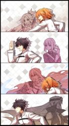 Rule 34 | adjusting clothes, adjusting gloves, bad id, bad twitter id, bedivere (fate), blue fire, checkered background, choco taberusan, comic, fate/grand order, fate (series), fire, florence nightingale (fate), fog, fujimaru ritsuka (female), fujimaru ritsuka (male), gilgamesh, gilgamesh (caster) (fate), gilgamesh (fate), gloves, mordred (fate), mordred (fate/apocrypha), prosthesis, prosthetic arm, running