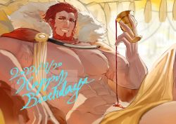 Rule 34 | 1boy, abs, absurdres, bara, beard, biceps, cape, come hither, cup, facial hair, fate/grand order, fate/zero, fate (series), feet out of frame, fur-trimmed cape, fur trim, highres, holding, holding cup, iskandar (fate), large pectorals, looking at viewer, male focus, mature male, muscular, muscular male, naked cape, navel, pectorals, pouring, pouring onto self, red cape, red eyes, red hair, scar, scar on chest, seductive smile, short hair, sitting, smile, tokoni fusu, veins