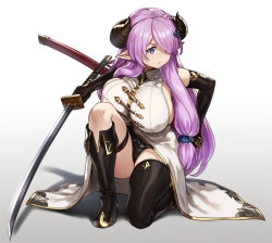 Rule 34 | 1girl, breasts, covered erect nipples, demon horns, draph, elbow gloves, fighting stance, gloves, granblue fantasy, hair over one eye, highres, holding, holding sword, holding weapon, horns, houtengeki, huge breasts, large breasts, light purple hair, narmaya (granblue fantasy), pointy ears, purple eyes, sheath, solo, squatting, sword, thigh strap, thighs, weapon
