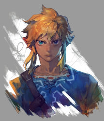 Rule 34 | 1boy, blonde hair, blue eyes, blue shirt, chest belt, closed mouth, dated, link, looking at viewer, male focus, nintendo, pigeon666, pointy ears, shirt, sidelocks, signature, solo, the legend of zelda, upper body