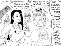 Rule 34 | 1boy, 3girls, :d, bb (baalbuddy), bra strap, breasts, cleavage, commentary, condom, condom packet strip, condom wrapper, english commentary, english text, gabe newell, geforce rtx 3080, greyscale, hat, highleg, highleg panties, highres, holding, large breasts, merchandise, monochrome, multiple girls, nvidia, open mouth, original, panties, panty straps, print headwear, short sleeves, simple background, smile, steam (platform), tank top, tears, underwear, white background, wide-eyed