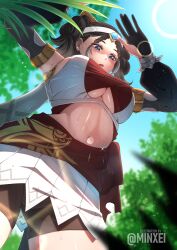 Rule 34 | 1girl, bare shoulders, breasts, brown hair, cleavage, detached sleeves, eremite desert clearwater (genshin impact), genshin impact, hair ornament, highres, large breasts, minxei, navel, open mouth, red sash, sash, simple background, skirt, stomach, thighs, twintails, underboob, white skirt