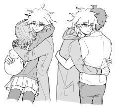 1girl 2boys ahoge danganronpa_(series) danganronpa_2:_goodbye_despair greyscale highres hinata_hajime hug jacket komaeda_nagito medium_hair miniskirt monochrome multiple_boys nanami_chiaki rxnal0 shirt skirt thighhighs