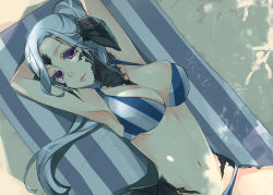 Rule 34 | 1girl, armpits, arms behind head, au ra, bikini, breasts, cleavage, dragon horns, final fantasy, final fantasy xiv, hisato ar, horns, large breasts, long hair, looking at viewer, lying, on back, parted lips, ponytail, purple eyes, scales, silver hair, solo, striped bikini, striped clothes, swimsuit