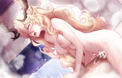 Rule 34 | 1boy, 1girl, absurdres, animal ears, antlers, arknights, blonde hair, blush, breasts, closed eyes, completely nude, cowgirl position, cum, cum in pussy, ddddecade, deer antlers, dutch angle, ejaculation, goat ears, goat girl, goat horns, hair over one eye, hand on another&#039;s stomach, heart, hetero, highres, horns, indoors, large breasts, long hair, nipples, nude, open mouth, cum overflow, sex, solo focus, speech bubble, spoken heart, spread legs, steam, straddling, very long hair, viviana (arknights), window