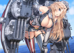 Rule 34 | 16-inch/50-caliber mark 7 gun, 1girl, 5-inch/38-caliber mark 12 gun, american flag legwear, artillery, asymmetrical legwear, bare shoulders, bent over, blonde hair, blue eyes, blue sky, blush, breasts, cannon, cleavage, cloud, commentary, corset, day, elbow gloves, english commentary, fingerless gloves, front-tie top, garter straps, gloves, hair between eyes, hair over one eye, hand on own hip, hand on own knee, headgear, iowa-class battleship, iowa (kancolle), kantai collection, large breasts, long hair, looking at viewer, machinery, miniskirt, mismatched legwear, naval artillery, naval gun, navel, ocean, outdoors, rigging, skirt, sky, smile, solo, standing, star-shaped pupils, star (symbol), striped clothes, striped thighhighs, symbol-shaped pupils, thighhighs, turret, uss iowa (bb-61), vertical-striped clothes, vertical-striped thighhighs, zombie mogura