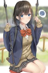 Rule 34 | 1girl, backpack, bag, blazer, blue eyes, blurry, blurry background, blush, bow, bowtie, breasts, brown hair, closed mouth, collared shirt, hair ornament, hair strand, hairclip, hands up, highres, holding, jacket, long sleeves, looking at viewer, medium breasts, miniskirt, orange bow, orange bowtie, original, plaid, plaid skirt, pout, shirt, short hair, sidelocks, sitting, skirt, sleeves past wrists, solo, speech bubble, sunsun2812, sweater, swing, thighs, uniform, white shirt