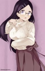 Rule 34 | 1girl, black hair, blue eyes, bow, breasts, brown bow, brown skirt, commentary request, forehead, glasses, hair ornament, hairclip, hand up, large breasts, long hair, long sleeves, looking at viewer, parted bangs, parted lips, pleated skirt, purple background, saitou kaede (yama no susume), skirt, solo, sweater, tasora, turtleneck, turtleneck sweater, twitter username, very long hair, white sweater, yama no susume