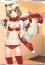 Rule 34 | 1girl, bad id, bad pixiv id, bell, blonde hair, blue eyes, blush, bra, breasts, christmas, cleavage, giftbag, gloves, hair bell, hair ornament, hat, holly, holly hair ornament, lingerie, looking at viewer, medium breasts, mini hat, panties, pom pom (clothes), red gloves, red scarf, sack, santa costume, santa hat, scarf, smile, solo, thighhighs, tomizawa jun, underwear, underwear only