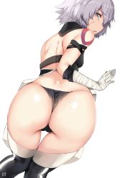 Rule 34 | 1girl, ass, bandages, bare shoulders, brown eyes, fate/apocrypha, fate/grand order, fate (series), from behind, hews, huge ass, jack the ripper (fate/apocrypha), midriff, paid reward available, panties, scar, short hair, silver hair, solo, thighhighs, underwear