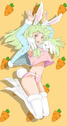 Rule 34 | 1girl, animal ears, boots, rabbit, rabbit ears, rabbit tail, carrot, coat, green hair, highres, midriff, open mouth, original, panties, pink panties, red eyes, solo, tail, tank top, thigh boots, thighhighs, underwear, yamaishi (mukoubuti)