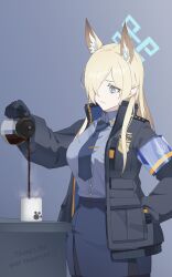 Rule 34 | 1girl, absurdres, animal ears, armband, bags under eyes, blonde hair, blue archive, blue eyes, coffee mug, cup, decantering, gloves, hair over one eye, hand in pocket, highres, jacket, kanna (blue archive), mug, necktie, plumbum, pouring, simple background, solo, steam