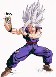 Rule 34 | 1boy, brown footwear, cellphone, closed mouth, dougi, dragon ball, dragon ball super, dragonball z, full body, gohan beast, grey hair, highres, holding, holding phone, long hair, muscular, muscular male, pants, phone, purple pants, red eyes, red sash, reeya, sash, serious, simple background, smartphone, son gohan, spiked hair, torn clothes, white background, wristband