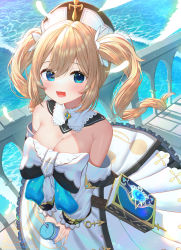 Rule 34 | 1girl, :d, barbara (genshin impact), bare shoulders, blonde hair, blue eyes, blue nails, blush, book, bow, breasts, cleavage, cup, detached collar, detached sleeves, disposable cup, dress, feathers, frilled dress, frills, from above, genshin impact, highres, holding, holding cup, kiramarukou, large bow, long hair, long sleeves, looking at viewer, looking up, medium breasts, nail polish, ocean, open mouth, pleated dress, railing, smile, solo, strapless, strapless dress, twintails, vision (genshin impact), water, white bow, white dress, white headwear