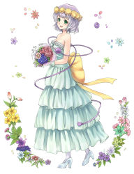 Rule 34 | 1girl, alternate costume, bare shoulders, blue door, bouquet, breasts, cleavage, dress, female focus, flower, frilled dress, frills, gloves, green eyes, hair flower, hair ornament, head wreath, heart, high heels, highres, komeiji koishi, open mouth, ribbon, shoes, short hair, silver hair, small breasts, smile, solo, third eye, touhou