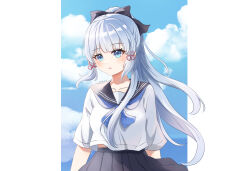 Rule 34 | 1girl, absurdres, alternate costume, ayaka (genshin impact), blue eyes, blue sky, blunt bangs, bow, chui chui qy, cloud, cloudy sky, collarbone, commentary request, contemporary, genshin impact, grey hair, hair bow, hair ribbon, highres, long hair, looking at viewer, parted lips, pleated skirt, ponytail, ribbon, school uniform, serafuku, short sleeves, sidelocks, skirt, sky, solo, tress ribbon, wind