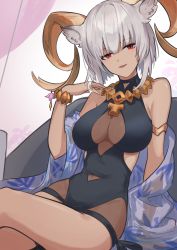 Rule 34 | 1girl, animal ears, arknights, arm support, armpit crease, bare shoulders, black one-piece swimsuit, breasts, carnelian (arknights), carnelian (shimmering dew) (arknights), casual one-piece swimsuit, crossed legs, dark-skinned female, dark skin, grey hair, hand up, highres, horns, large breasts, looking at viewer, mabing, navel, one-piece swimsuit, open mouth, red eyes, see-through swimsuit, shawl, short hair, sitting, smile, solo, swimsuit