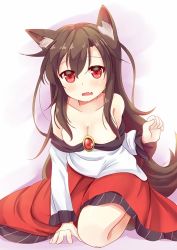 Rule 34 | 1girl, animal ears, bare shoulders, brown hair, fang, frilled sleeves, frills, gradient background, imaizumi kagerou, long hair, niiya, open mouth, red eyes, solo, tail, touhou, wolf ears, wolf tail