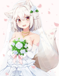 Rule 34 | 1girl, animal ears, bare shoulders, bow, breasts, commentary request, dress, eyes visible through hair, flower, gloves, hair between eyes, hands up, heart, inubashiri momiji, jewelry, large breasts, leaf, open mouth, petals, pink bow, rururiaru, short hair, simple background, sleeveless, smile, solo, tail, touhou, veil, wedding dress, white background, white dress, white flower, white gloves, white hair, wolf ears, wolf tail, yellow eyes