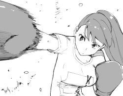 Rule 34 | 1girl, alternate costume, alternate hairstyle, boxing gloves, commentary request, greyscale, highres, kantai collection, long hair, masukuza j, monochrome, motion blur, motion lines, ooi (kancolle), punching, shirt, solo, t-shirt, upper body